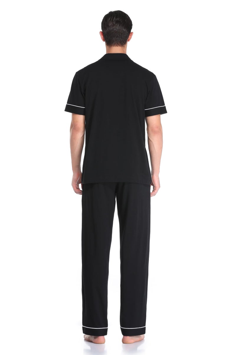 COLORFULLEAF Men's 100% Cotton Pajamas Set Button Down Sleepwear Short Sleeve and Long Pants Pjs (Black,XL) - Image 5